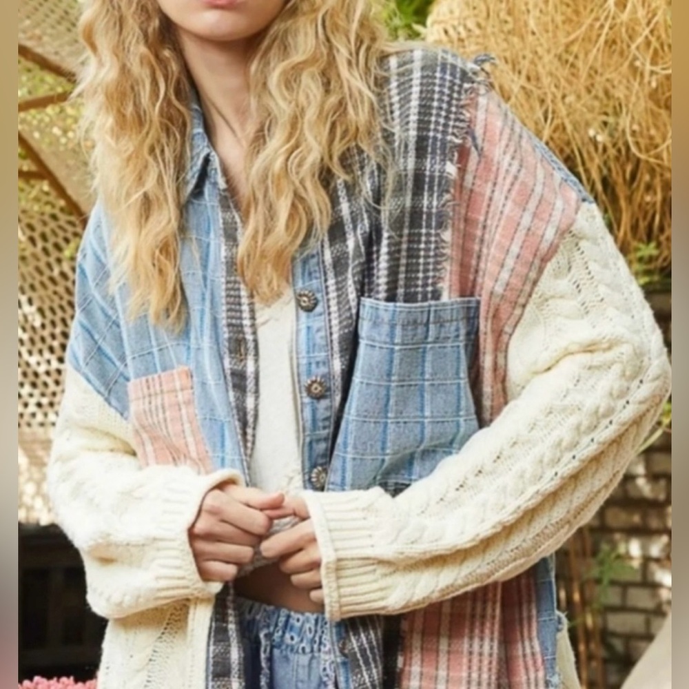 NWT POL Oversized Mixed-Media Patchwork Knit Deni… - image 3